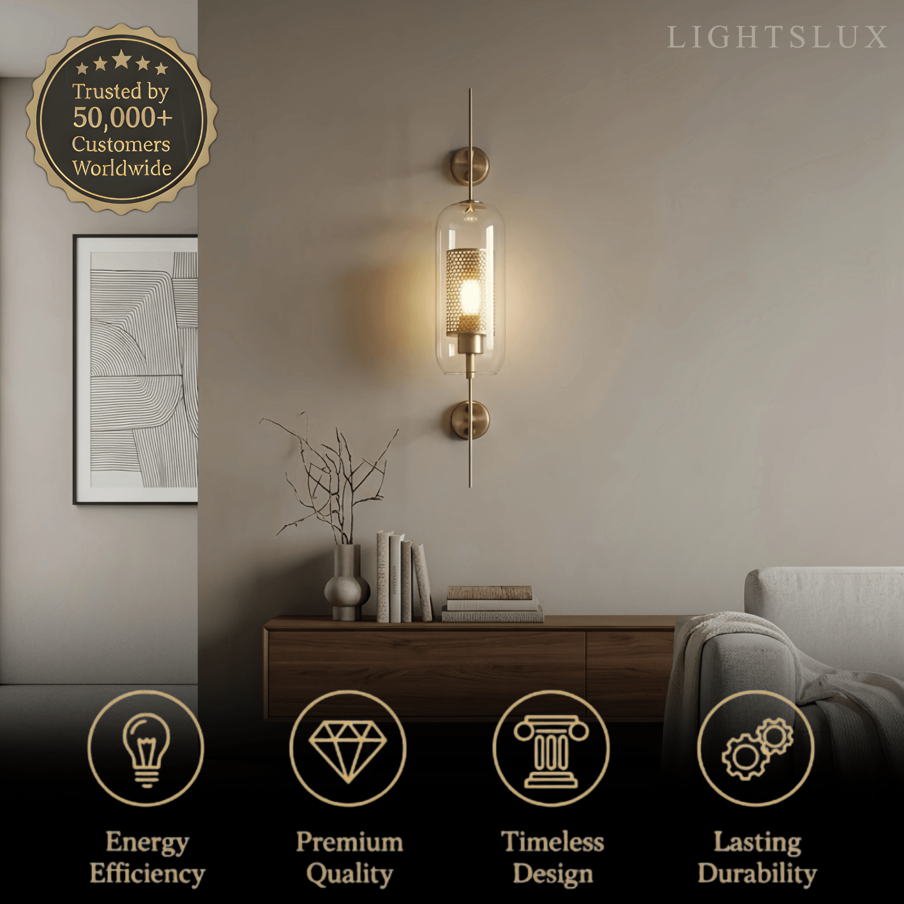 kunglig glas/koppar vägglampa - silverdetaljer för vardagsrum/sovrum - Flindria