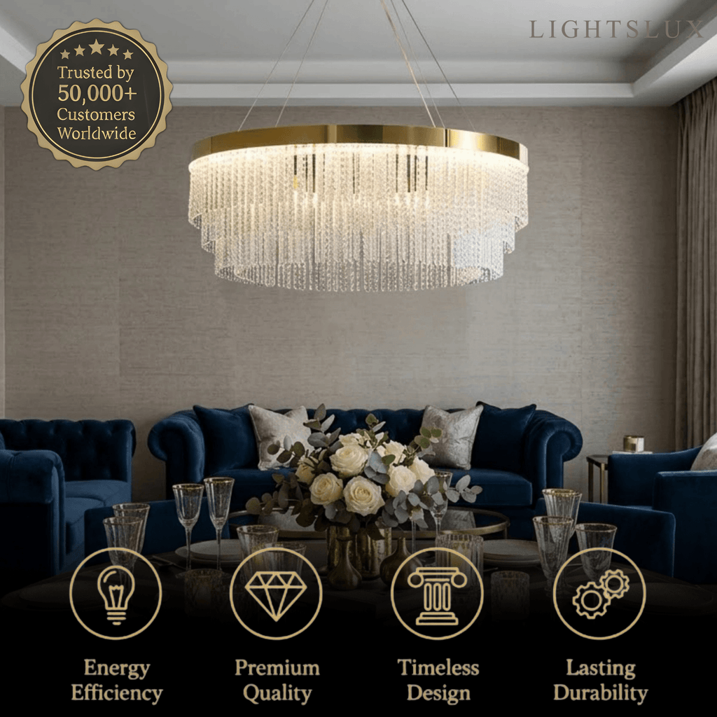 Lámpara colgante Royal con cristales - Metal dorado con borlas para dormitorio/comedor - Flindria