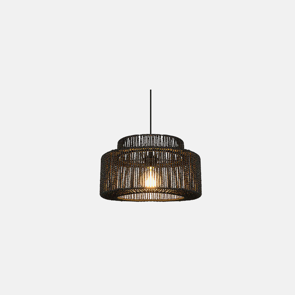 Farmhouse Drum Pendant Light — Black Metal & Rattan for Dining Room - Flindria