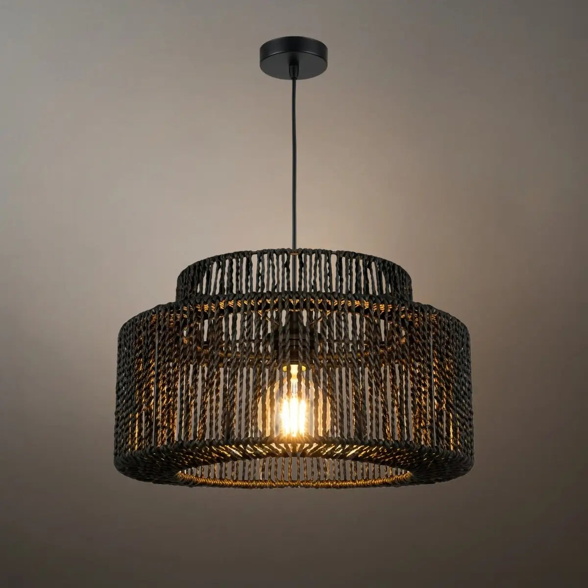 Farmhouse Drum Pendant Light — Black Metal & Rattan for Dining Room - Flindria