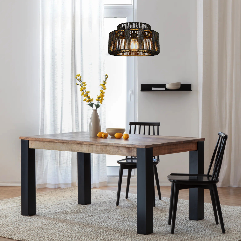 Farmhouse Drum Pendant Light — Black Metal & Rattan for Dining Room - Flindria