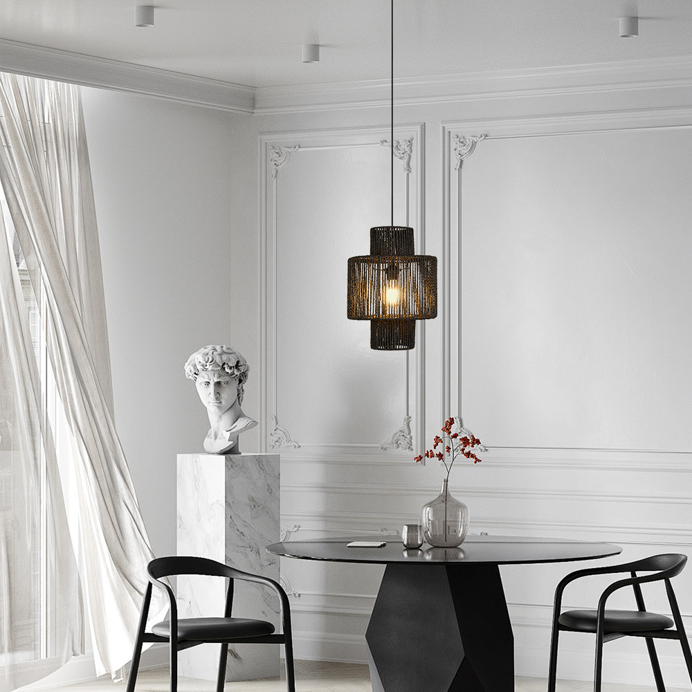 Farmhouse Drum Pendant Light — Black Metal & Rattan for Dining Room - Flindria