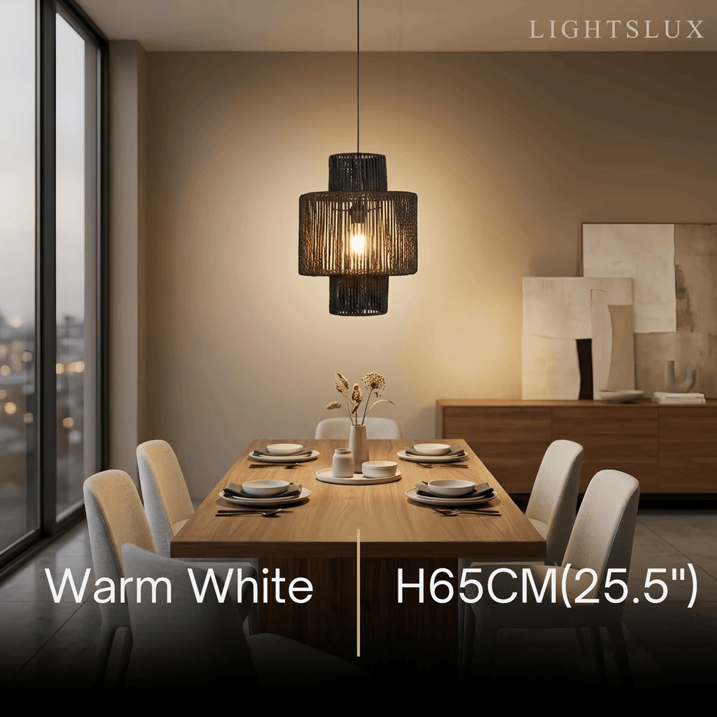 Farmhouse Drum Pendant Light — Black Metal & Rattan for Dining Room - Flindria