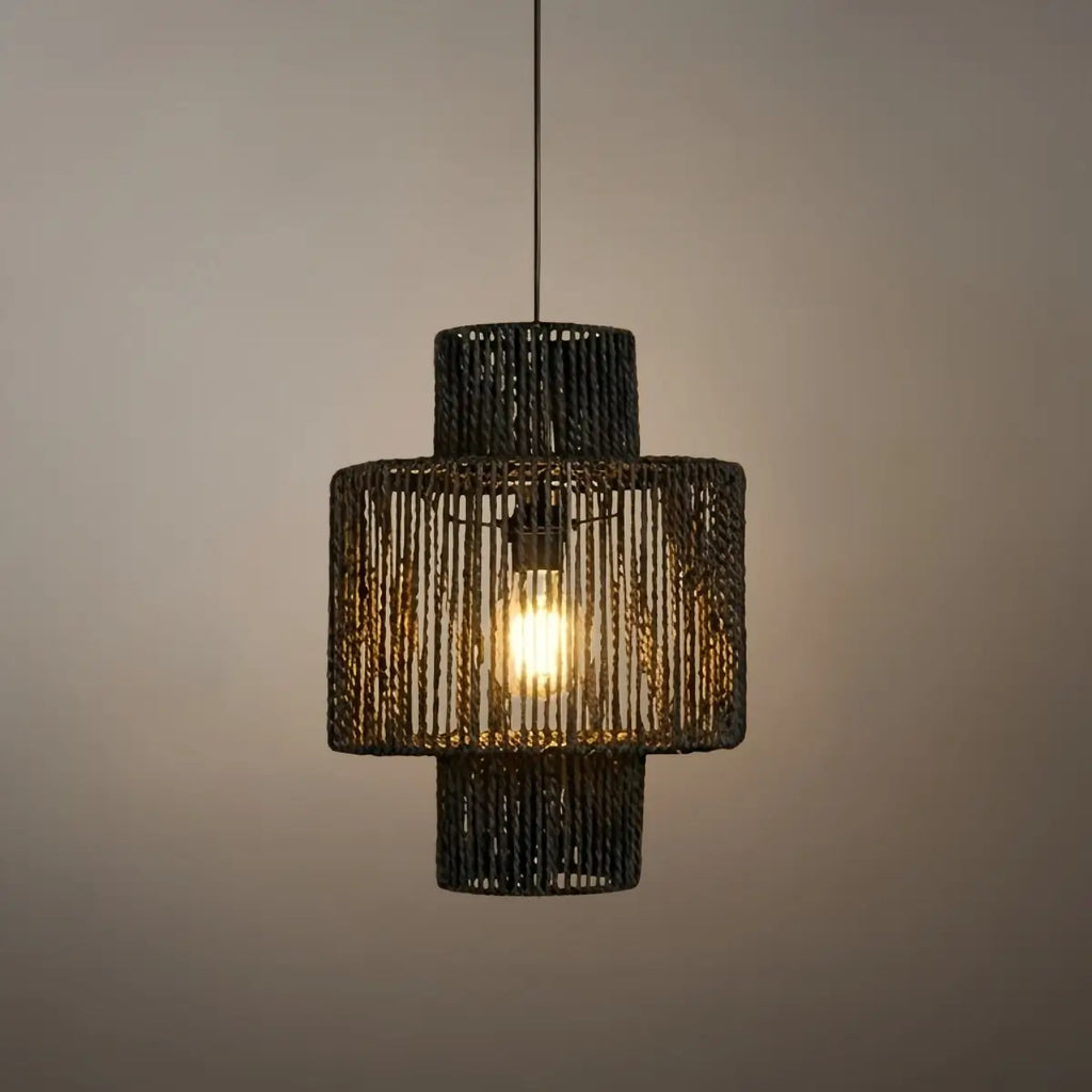Farmhouse Drum Pendant Light — Black Metal & Rattan for Dining Room - Flindria
