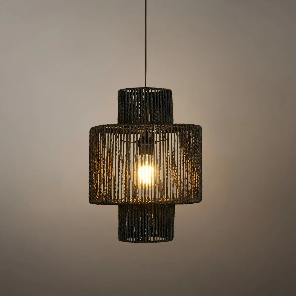 Farmhouse Drum Pendant Light — Black Metal & Rattan for Dining Room - Flindria
