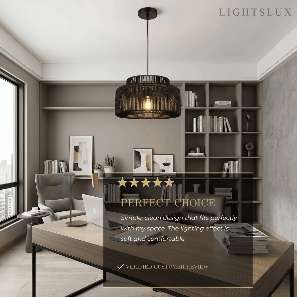 Farmhouse Drum Pendant Light — Black Metal & Rattan for Dining Room - Flindria