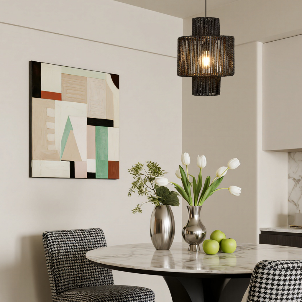 Farmhouse Drum Pendant Light — Black Metal & Rattan for Dining Room - Flindria