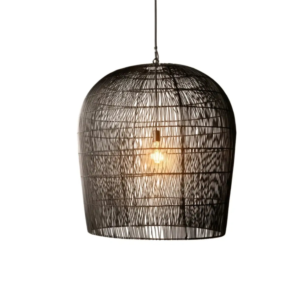 Farmhouse Hooded Pendant Light — Black/White Rattan for Bedroom/Dining Room - Flindria