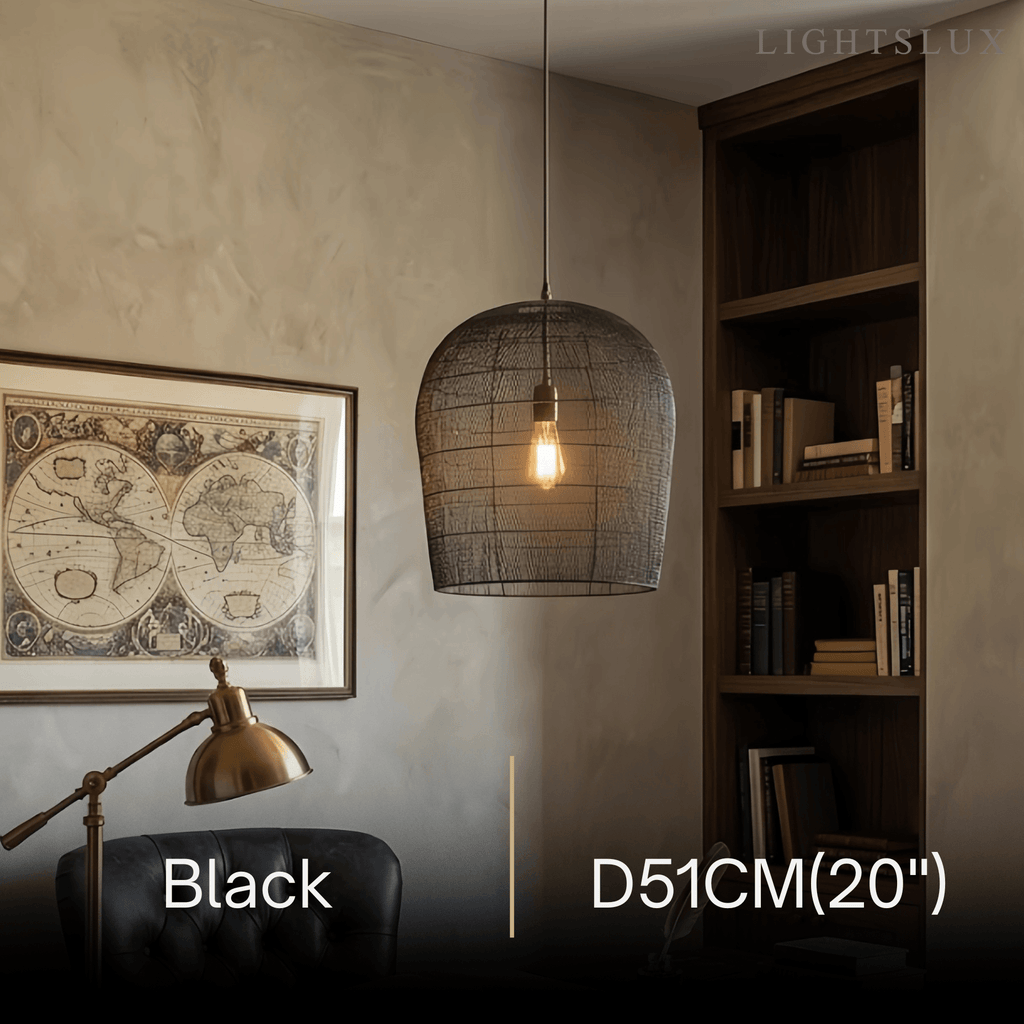 Farmhouse Hooded Pendant Light — Black/White Rattan for Bedroom/Dining Room - Flindria