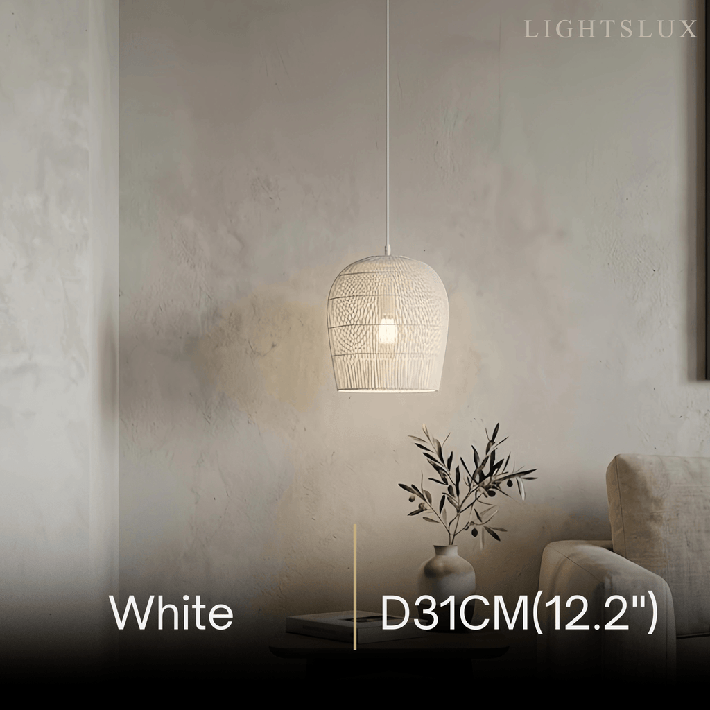 Farmhouse Hooded Pendant Light — Black/White Rattan for Bedroom/Dining Room - Flindria