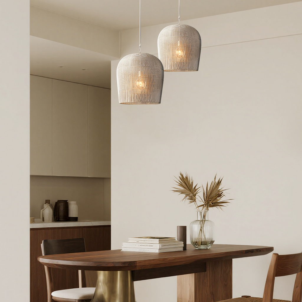 Farmhouse Hooded Pendant Light — Black/White Rattan for Bedroom/Dining Room - Flindria