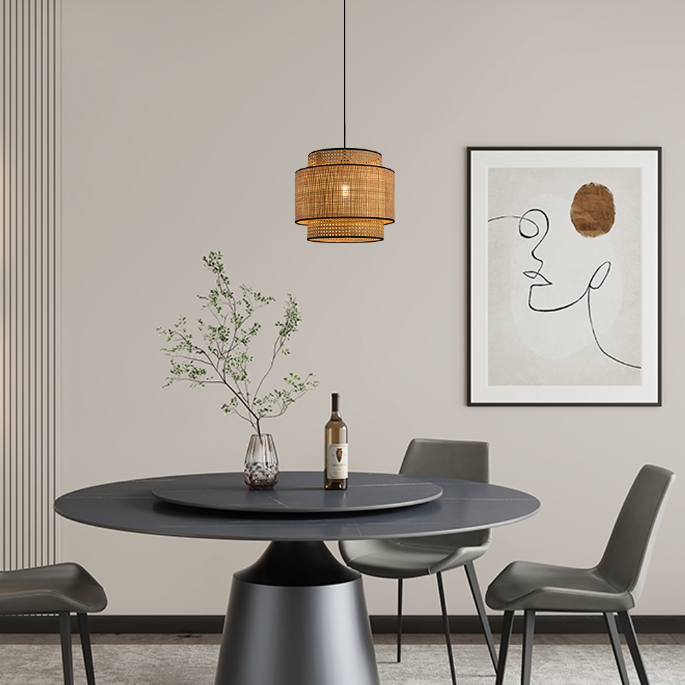 Farmhouse Pendant Light — Tri-Layer Rattan & Metal Cylinder for Dining Room - Flindria