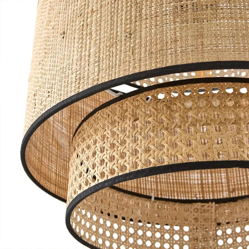 Farmhouse Pendant Light — Tri-Layer Rattan & Metal Cylinder for Dining Room - Flindria