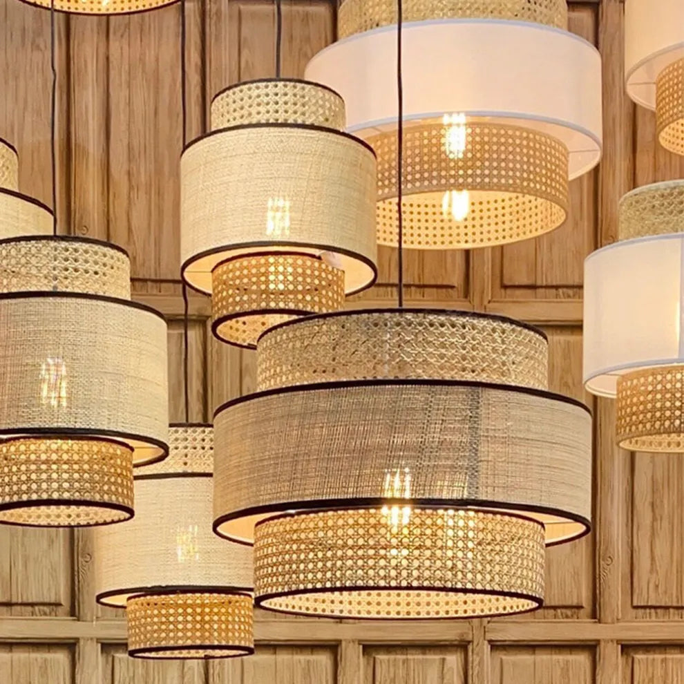 Farmhouse Pendant Light — Tri-Layer Rattan & Metal Cylinder for Dining Room - Flindria