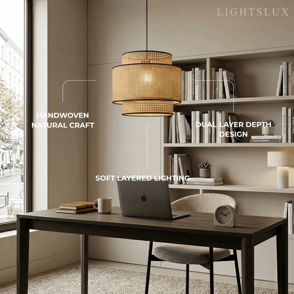 Farmhouse Pendant Light — Tri-Layer Rattan & Metal Cylinder for Dining Room - Flindria