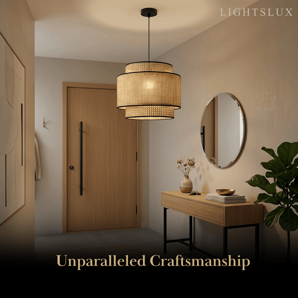 Farmhouse Pendant Light — Tri-Layer Rattan & Metal Cylinder for Dining Room - Flindria