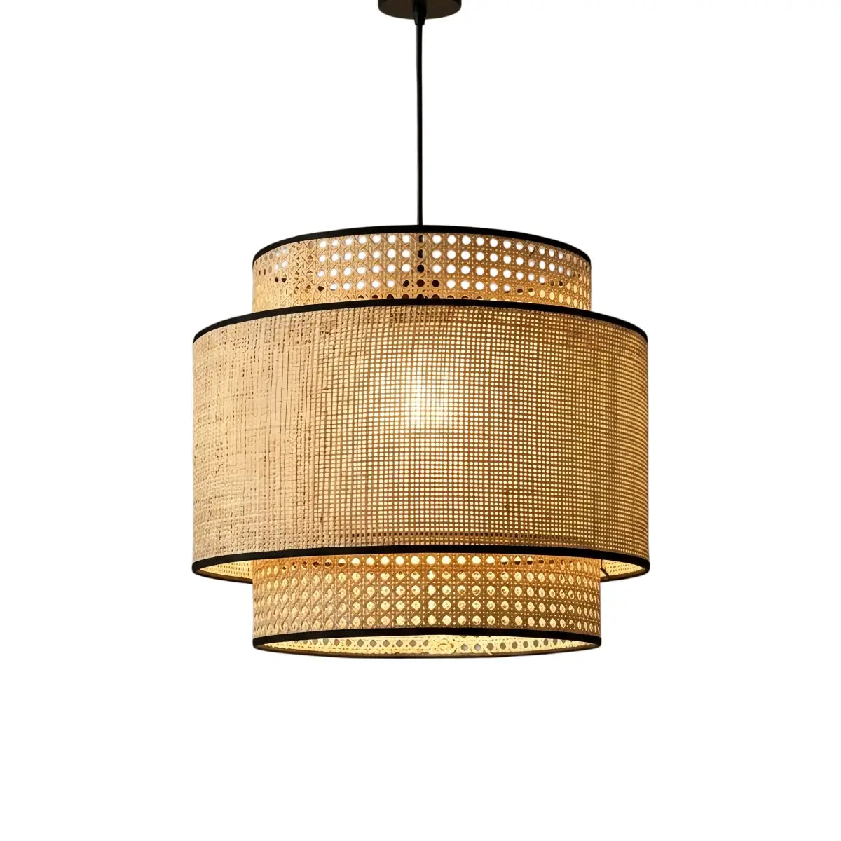 Farmhouse Pendant Light — Tri-Layer Rattan & Metal Cylinder for Dining Room - Flindria