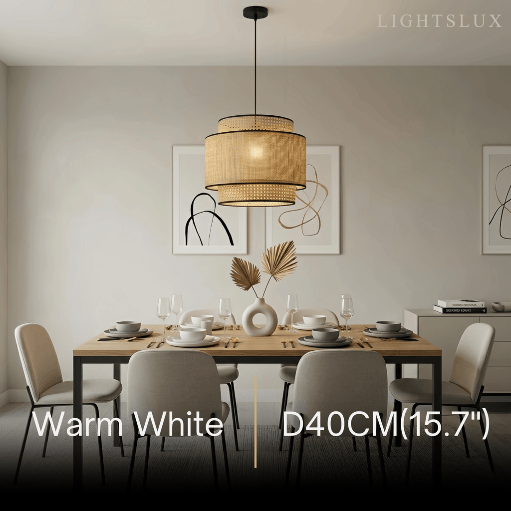 Farmhouse Pendant Light — Tri-Layer Rattan & Metal Cylinder for Dining Room - Flindria