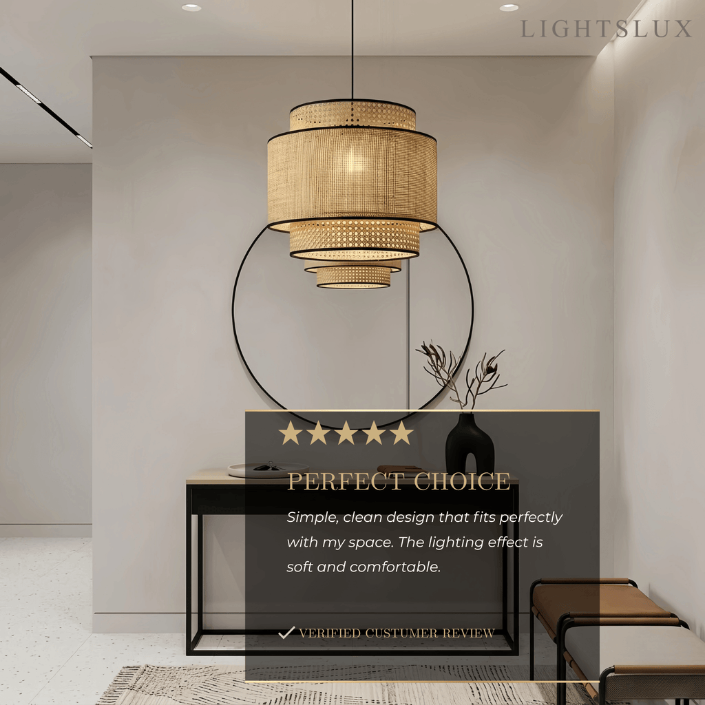 Farmhouse Pendant Light — Tri-Layer Rattan & Metal Cylinder for Dining Room - Flindria