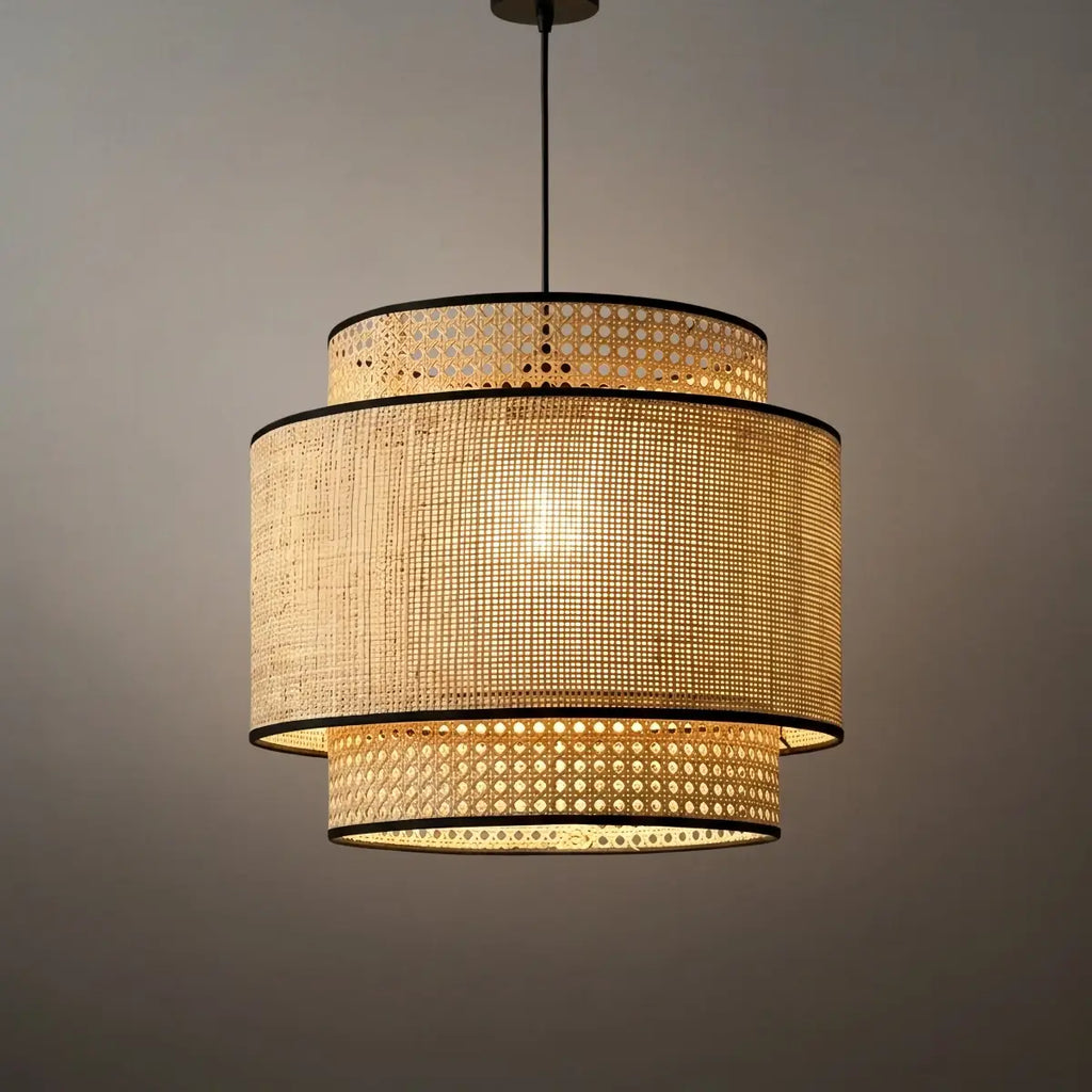 Farmhouse Pendant Light — Tri-Layer Rattan & Metal Cylinder for Dining Room - Flindria