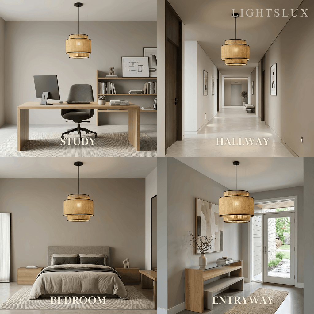 Farmhouse Pendant Light — Tri-Layer Rattan & Metal Cylinder for Dining Room - Flindria