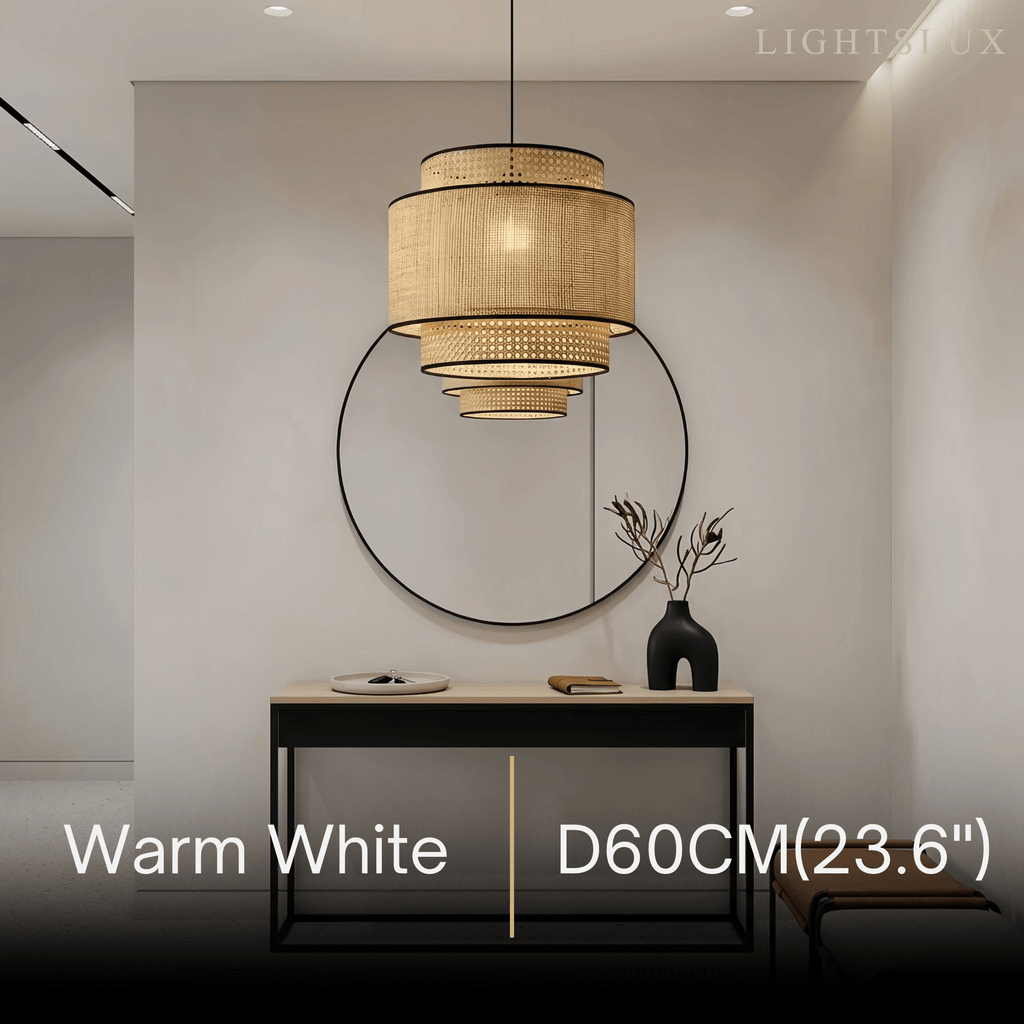Farmhouse Pendant Light — Tri-Layer Rattan & Metal Cylinder for Dining Room - Flindria
