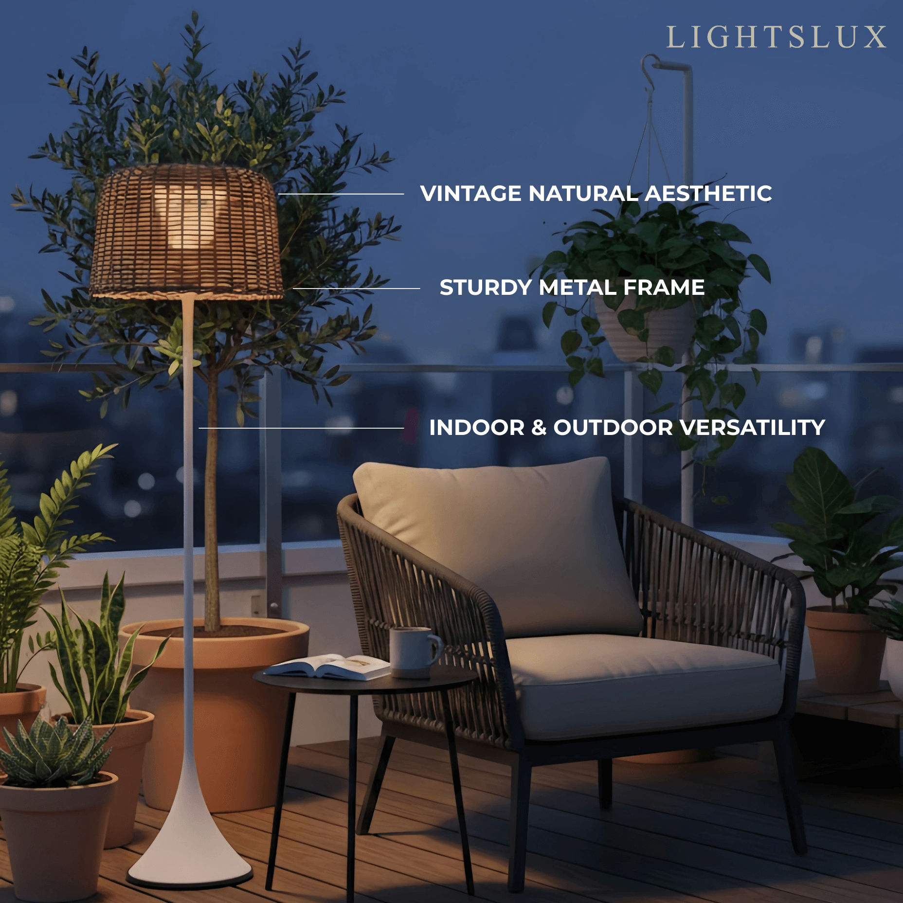 Vintage Rattan Solar Outdoor Floor Lamp – Black Metal Hooded Terrace - Flindria