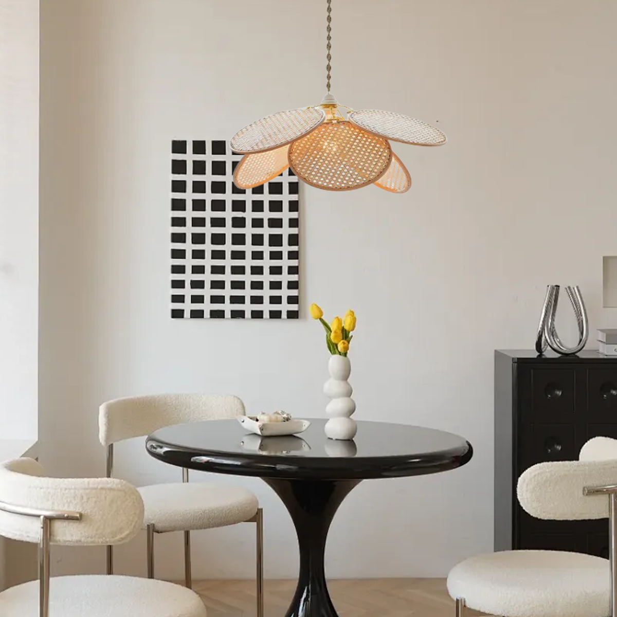 Farmhouse Pendant Light - Metal & Rattan Weave Fan Design for Living Room - Flindria