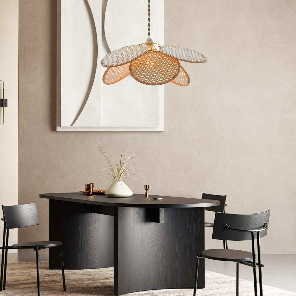 Farmhouse Pendant Light - Metal & Rattan Weave Fan Design for Living Room - Flindria