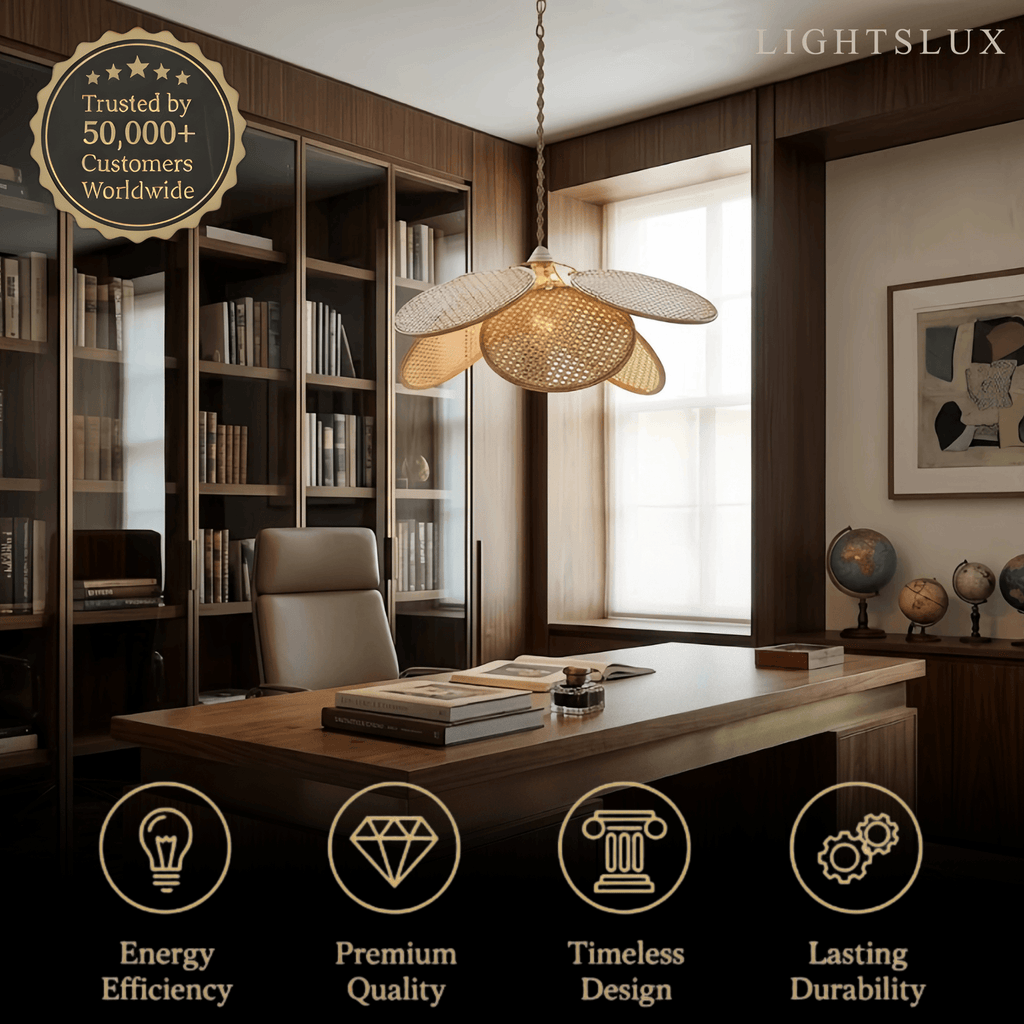 Farmhouse Pendant Light - Metal & Rattan Weave Fan Design for Living Room - Flindria