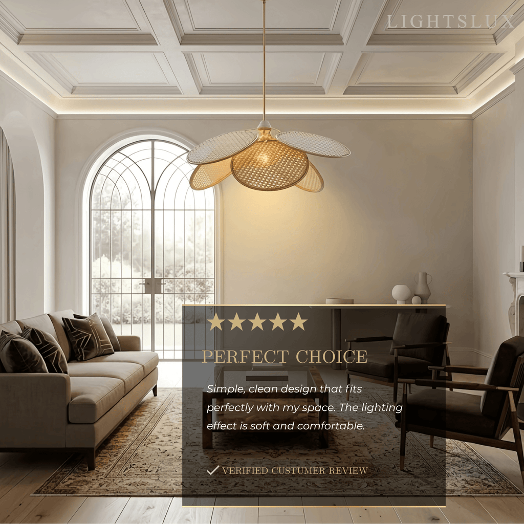 Farmhouse Pendant Light - Metal & Rattan Weave Fan Design for Living Room - Flindria