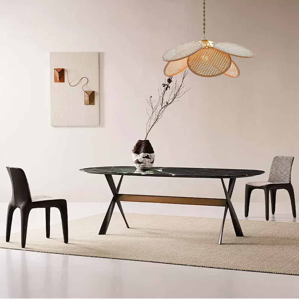 Farmhouse Pendant Light - Metal & Rattan Weave Fan Design for Living Room - Flindria