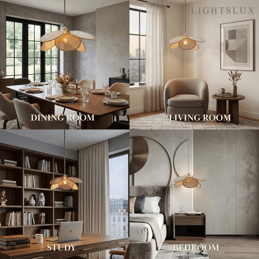 Farmhouse Pendant Light - Metal & Rattan Weave Fan Design for Living Room - Flindria