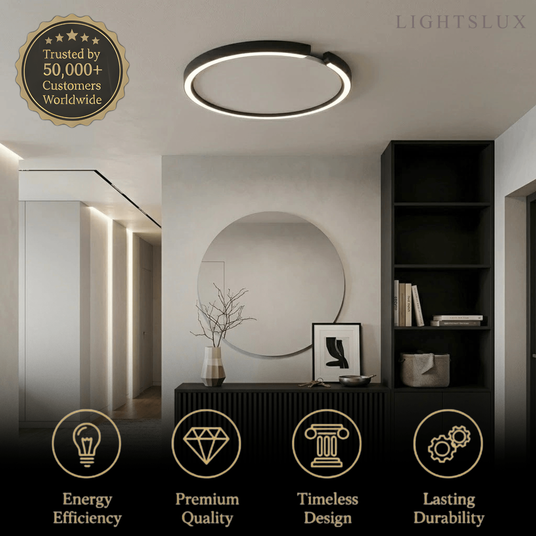 Modern Round LED Ceiling Light  Black/White Metal for Bedroom/Living Room - Flindria