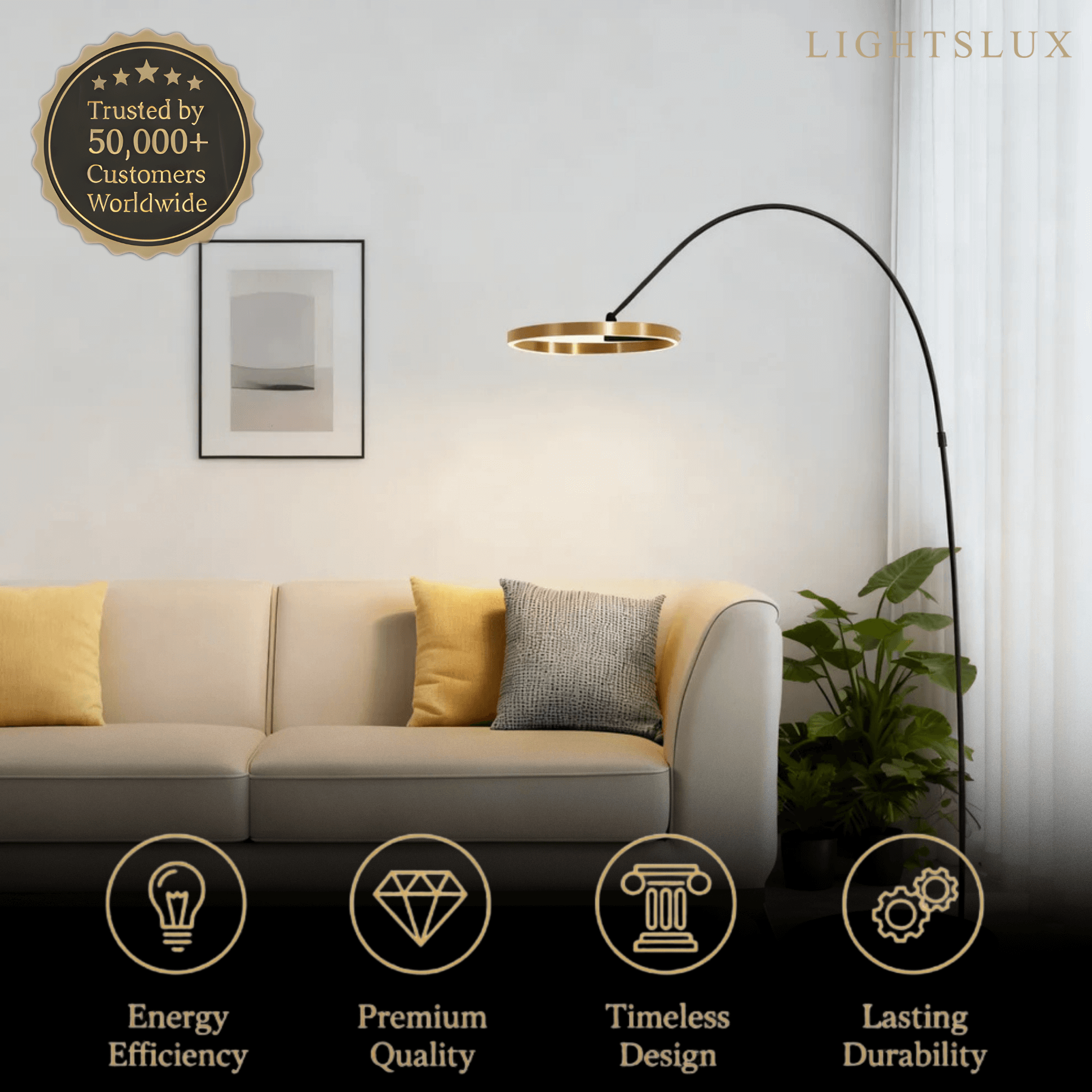 Moderne rund gulvlampe – minimalistisk svart metall for stue - Flindria