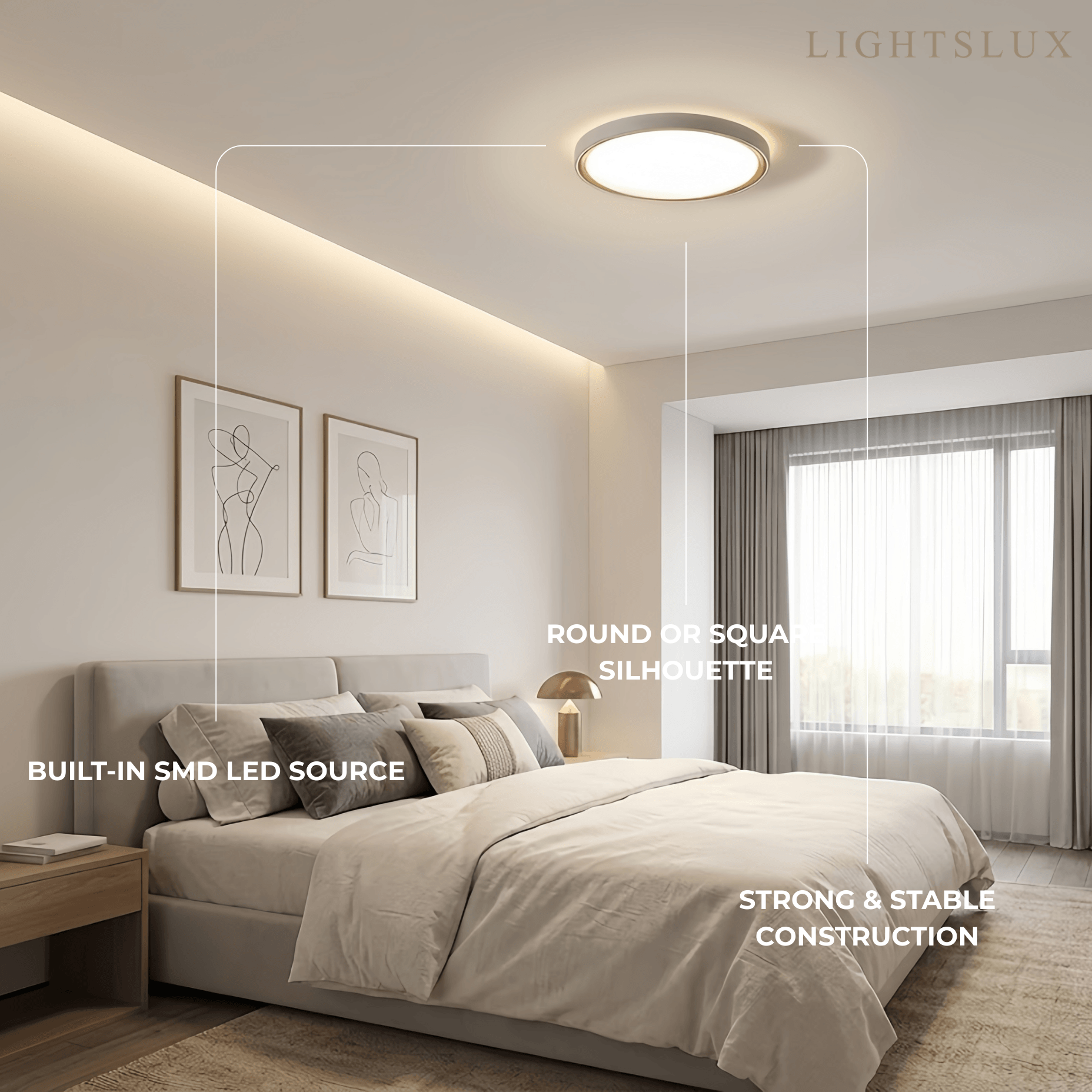 Modern Gray Ceiling Light – Metal Frame Square/Round for Bedroom - Flindria