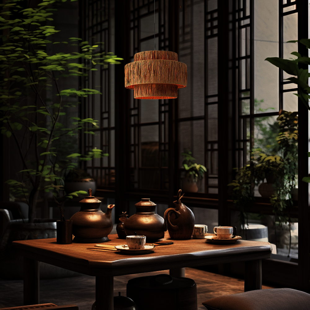 Rustic Pendant Light & Ceiling Light- Metal & Paper Streamer Shade for Dining Room - Flindria
