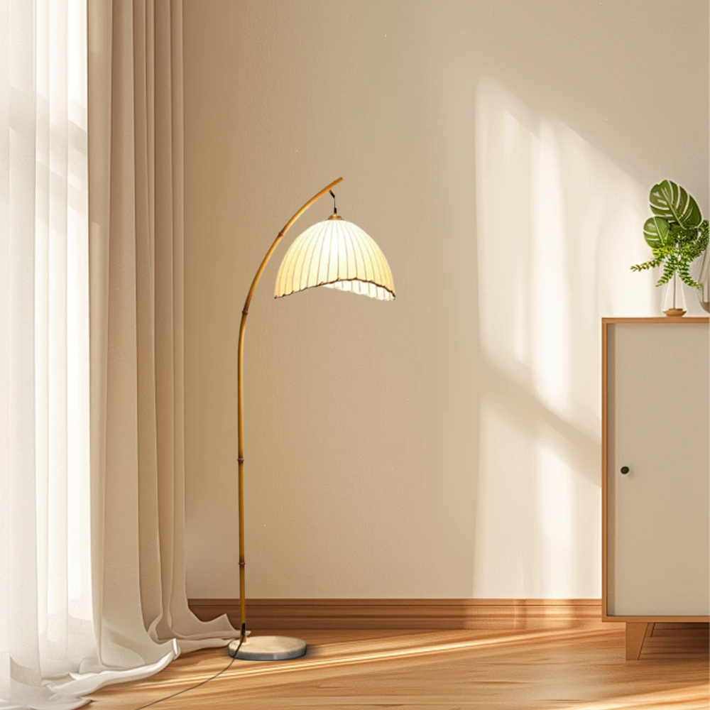 Přírodní béžová stojací lampa - kovový rám s látkovým stínidlem ve tvaru mísy - Flindria