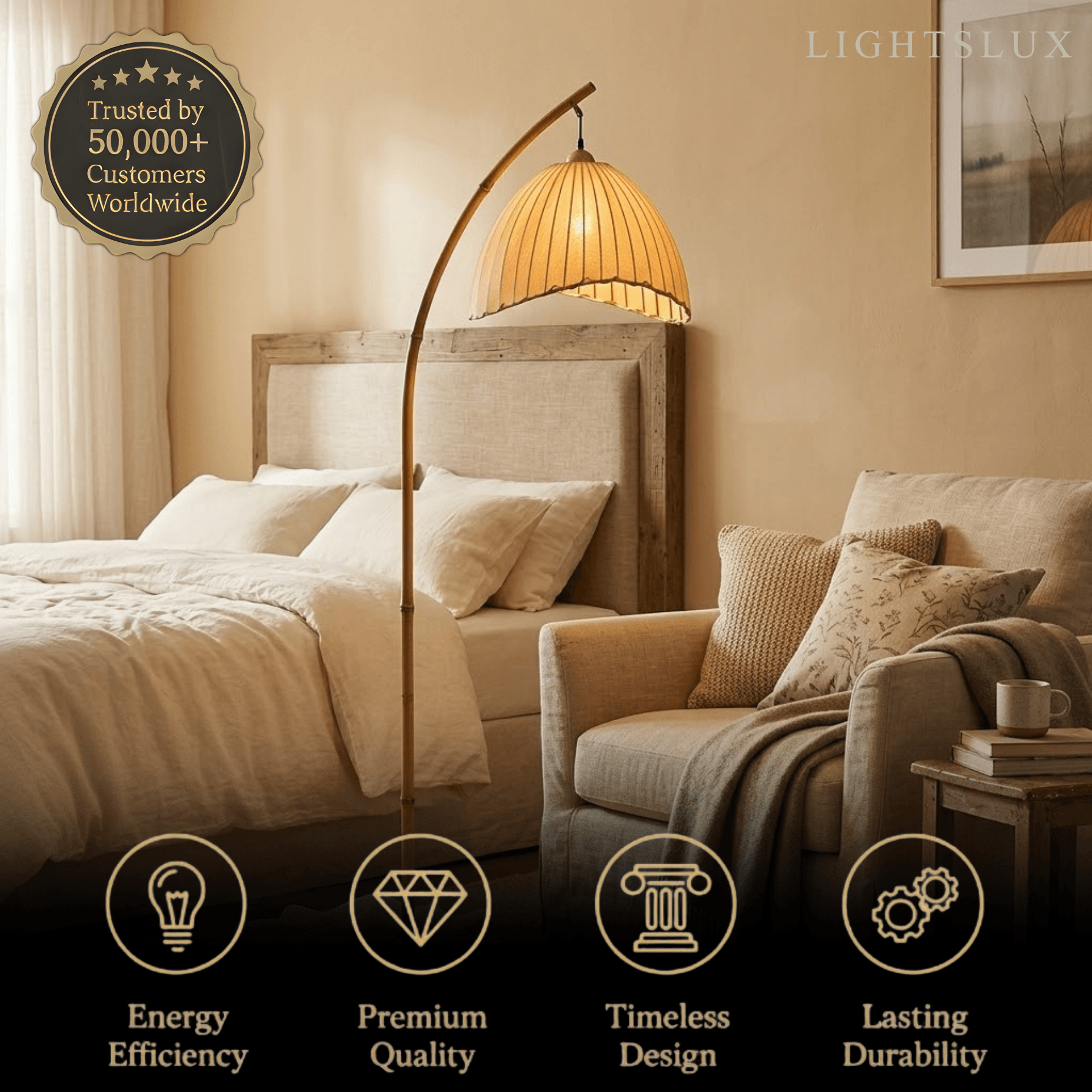 Naturlig beige gulvlampe - metallramme med stoffskjerm - Flindria