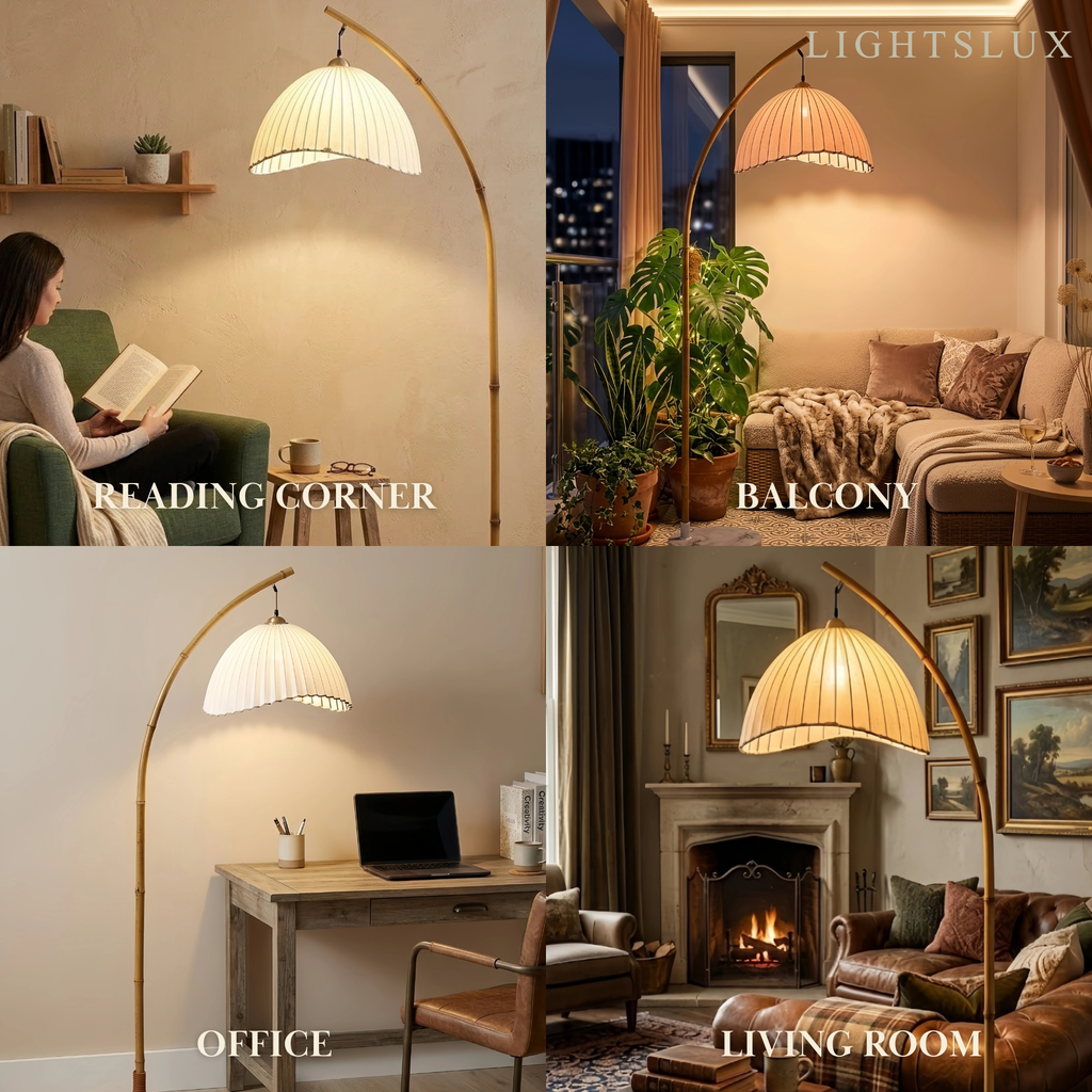 Přírodní béžová stojací lampa - kovový rám s látkovým stínidlem ve tvaru mísy - Flindria