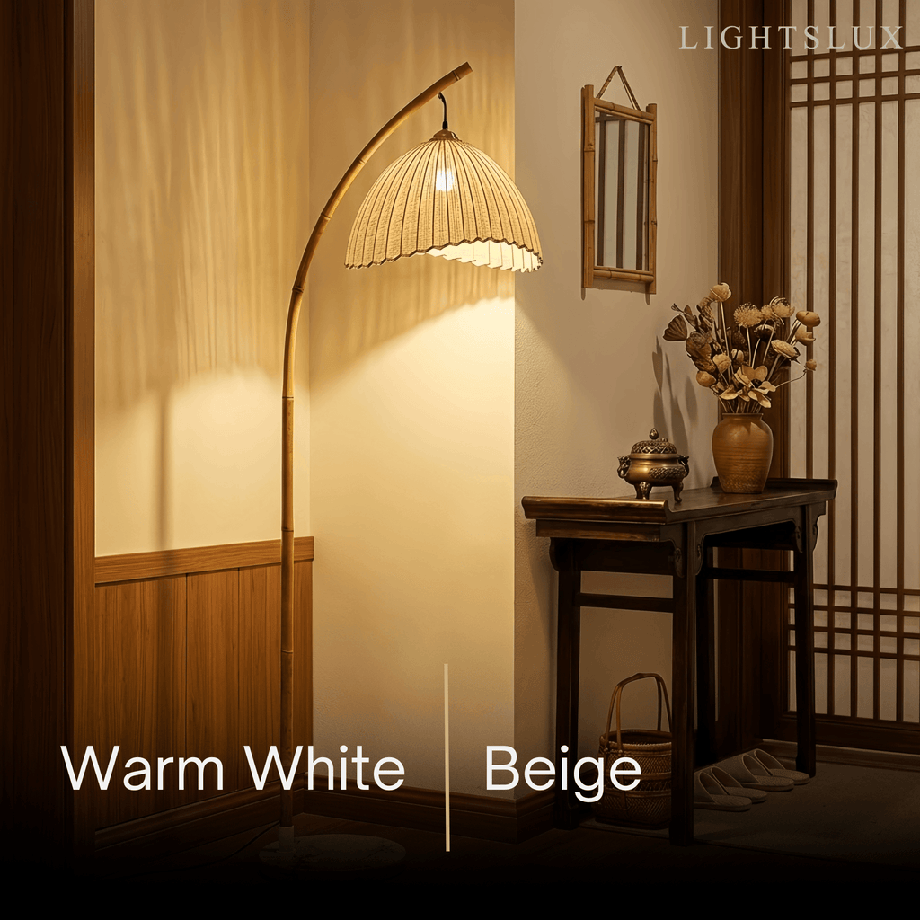 Přírodní béžová stojací lampa - kovový rám s látkovým stínidlem ve tvaru mísy - Flindria