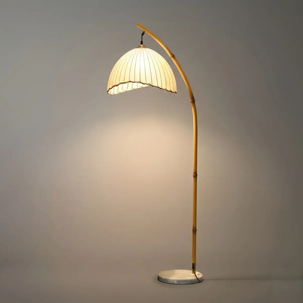 Přírodní béžová stojací lampa - kovový rám s látkovým stínidlem ve tvaru mísy - Flindria