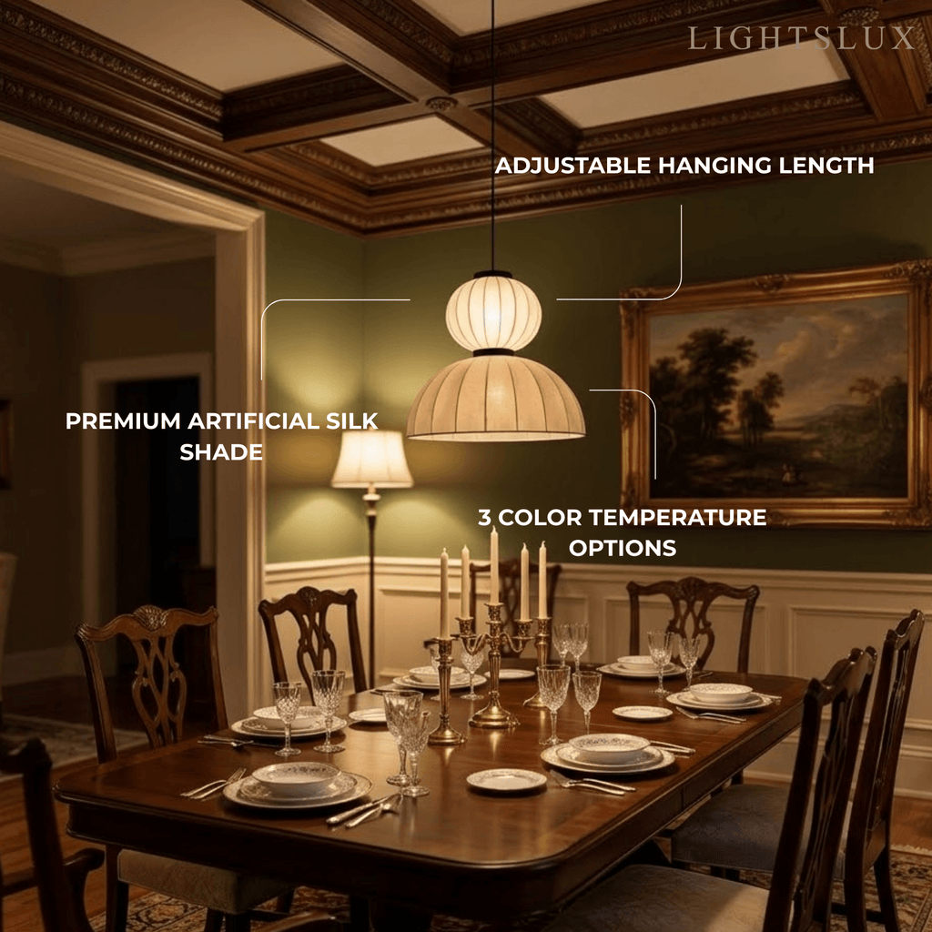 Modern Pendant Light — White Artificial Silk & Metal with 3-Color LED Dining Room - Flindria