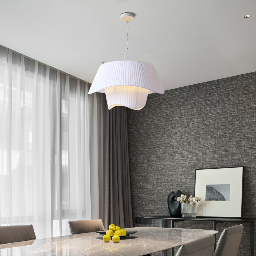 Nordic Fabric Pendant Light — White Metal Frame with Fabric Shade for Dining Room - Flindria