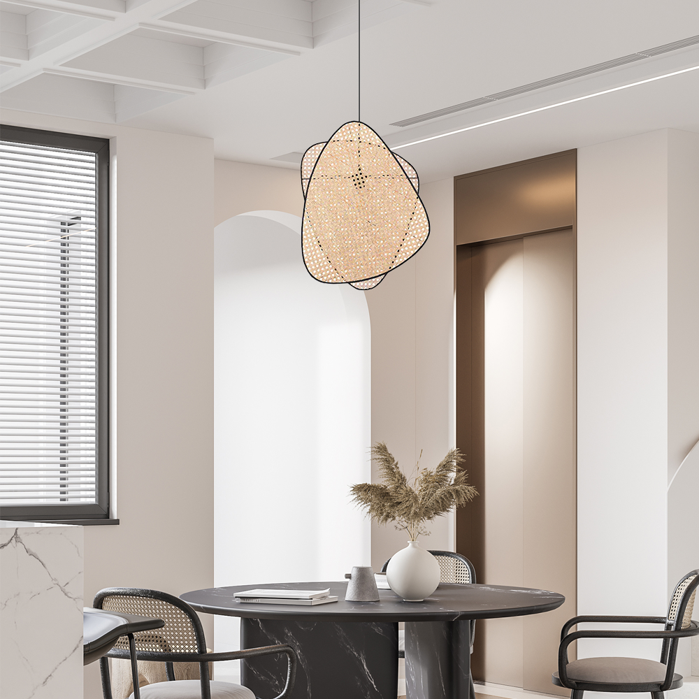 Farmhouse Wooden Geometric Pendant Light — Rattan & Willow Weave for Dining Room - Flindria
