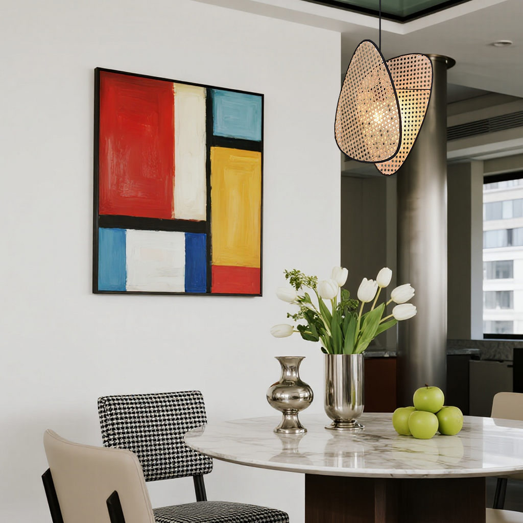 Farmhouse Wooden Geometric Pendant Light — Rattan & Willow Weave for Dining Room - Flindria
