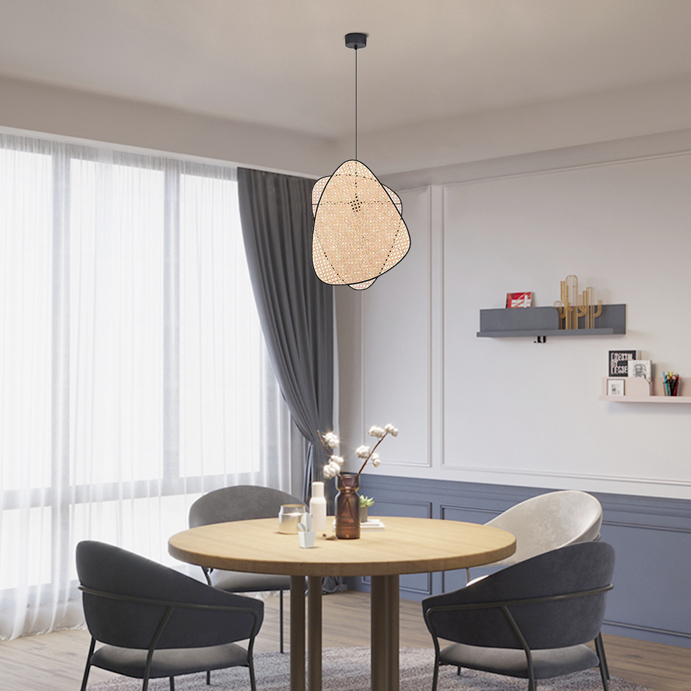 Farmhouse Wooden Geometric Pendant Light — Rattan & Willow Weave for Dining Room - Flindria