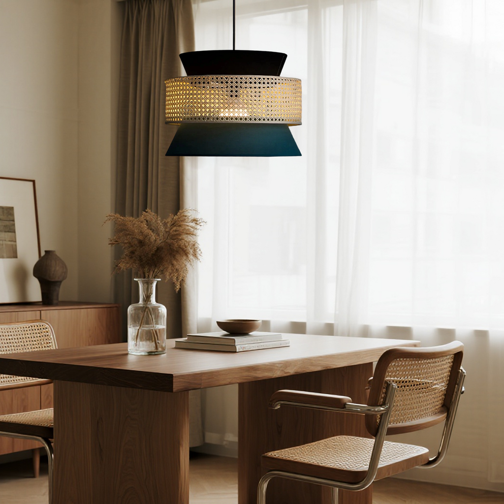 Farmhouse Hooded Pendant Light — Rattan&Black Metal for Dining Room - Flindria