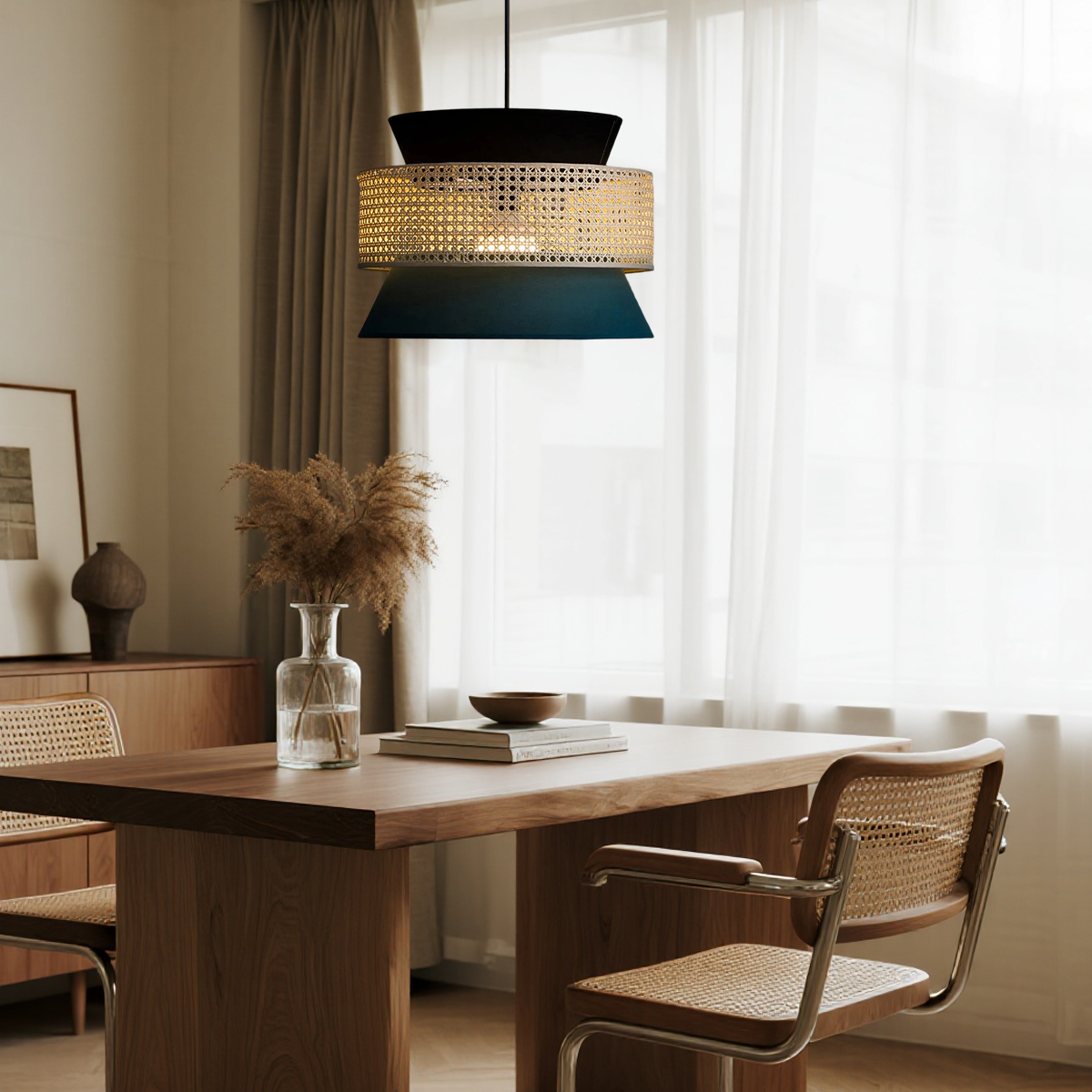 Farmhouse Hooded Pendant Light — Rattan&Black Metal for Dining Room - Flindria