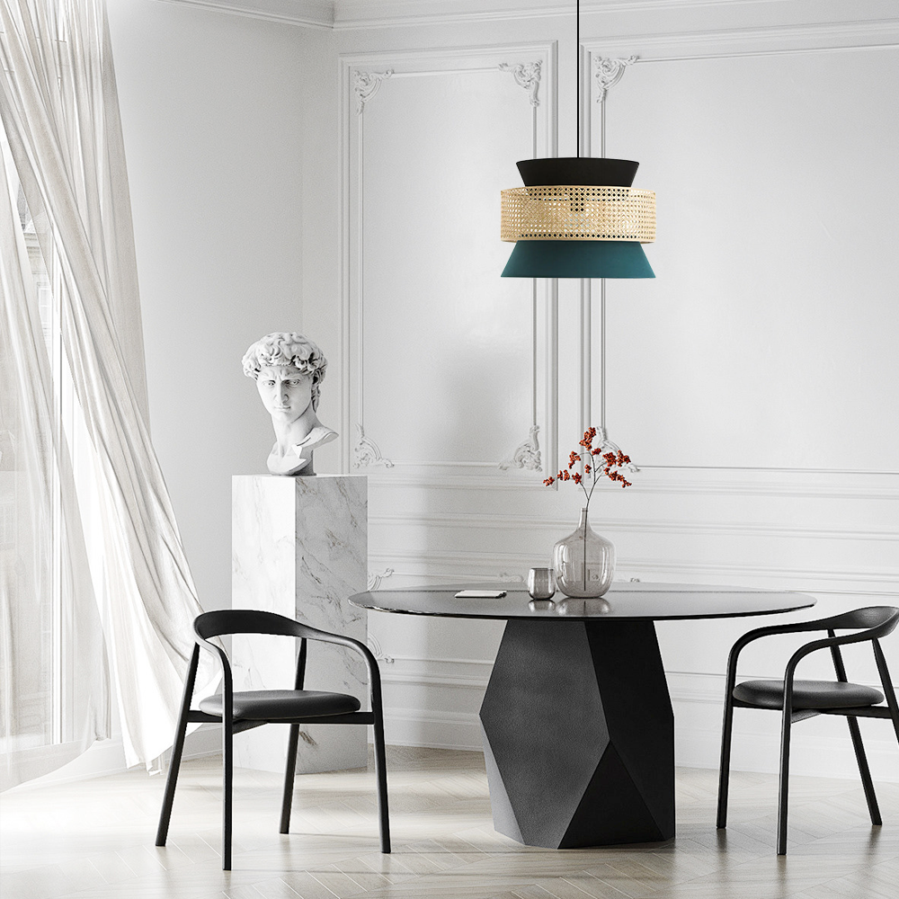 Farmhouse Hooded Pendant Light — Rattan&Black Metal for Dining Room - Flindria